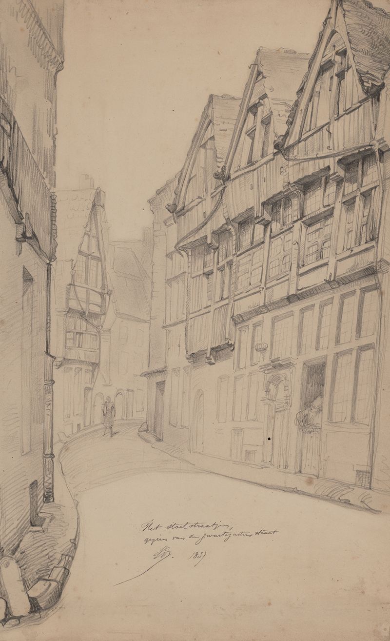 Genre scene depicting a quiet urban street with modest houses by Edward Dujardin, oil painting.