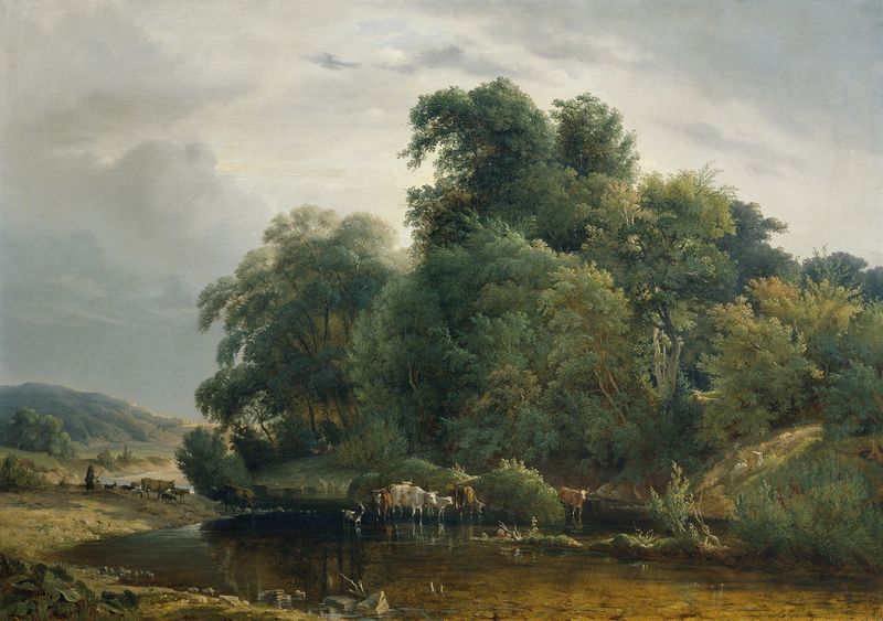 Landschaft mit Viehherde und Hirtin de Heinrich Peyer, pintura a óleo que retrata uma paisagem serena com colinas e um reb...