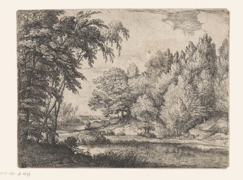 Landschap met een kronkelende rivier, etching by Lodewijk de Vadder showing a winding river through lush greenery.