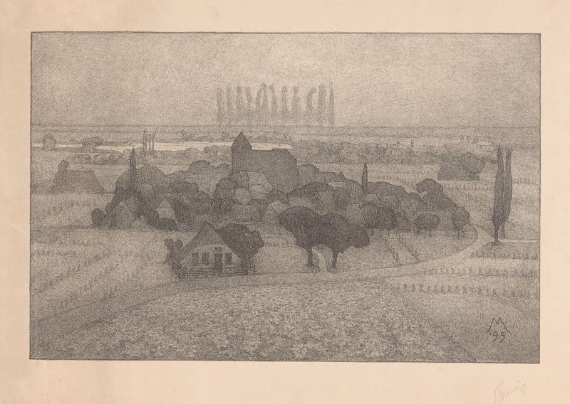 Landschap met dorp bij een rivier Schemering de Simon Moulijn, óleo sobre tela que retrata uma aldeia ao crepúsculo.