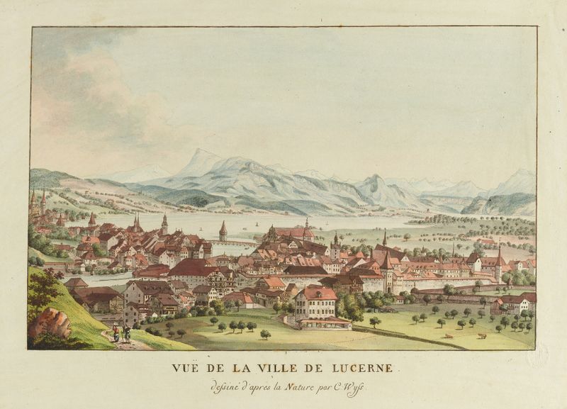 Vue de la Ville de Lucerne de Caspar Leontius Wyss, pintura al óleo que muestra un lago tranquilo y el reflejo de la ciudad.