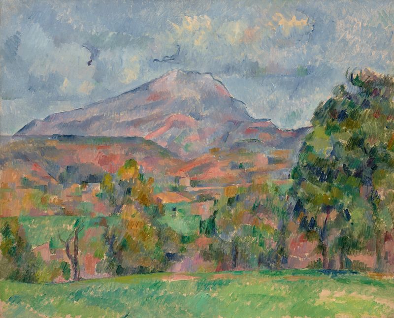La Montagne Sainte-Victoire de Paul Cezanne, óleo sobre tela representando uma paisagem montanhosa