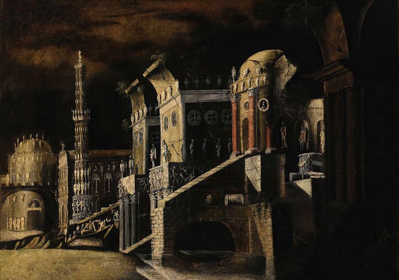 Palacio etéreo en suaves azules y dorados, pintura al óleo de François de Nomé
