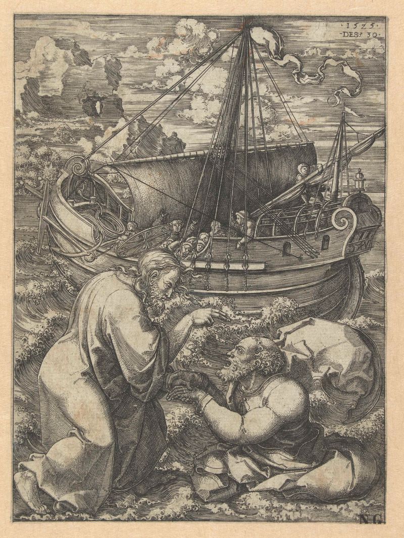 Engraving by Dirck Vellert depicting a central figure in rich garments, 1525