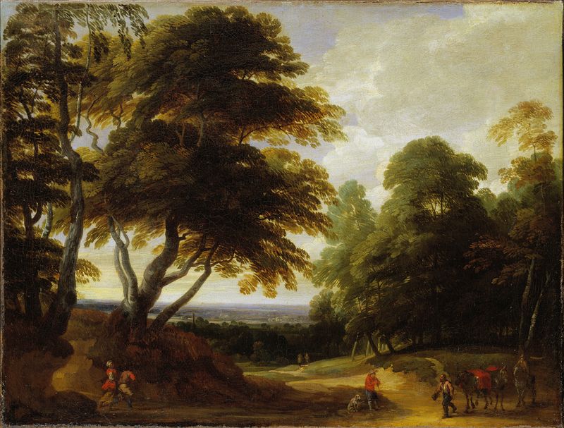 At the Edge of the Forest by Lodewijk de Vadder, oil painting depicting a twilight forest scene.