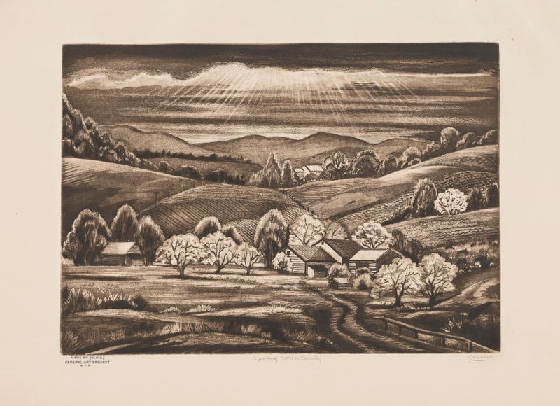 Primavera, Condado de Ulster de Emil Ganso, óleo sobre lienzo que muestra árboles en flor y sombras.