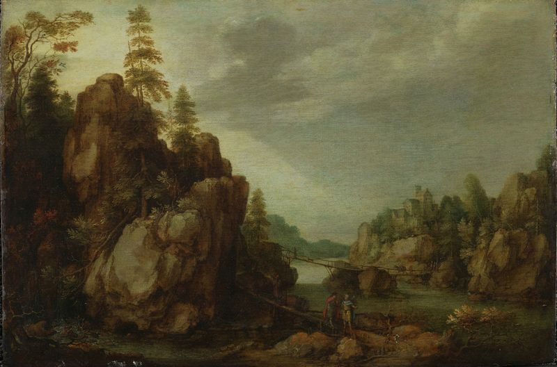 A Mountainous River Landscape with Tobias and the Angel by Gillis Claesz. de Hondecoeter, oil painting