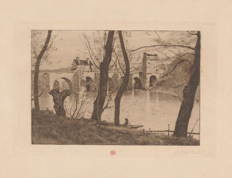 Etching by Henri-Charles Guérard depicting a bridge at sunset over a river