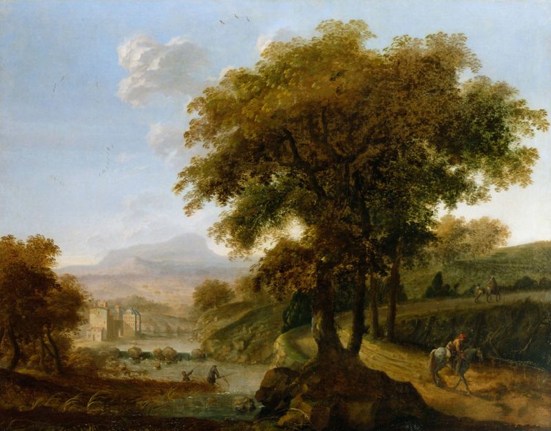 Paisaje de Robert Streeter, óleo sobre lienzo que representa colinas onduladas y luz dorada.