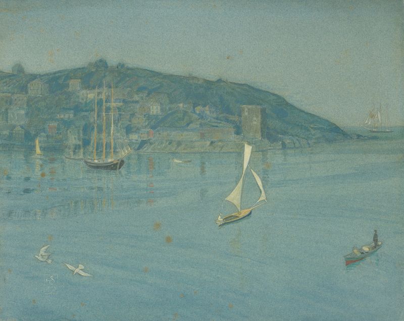 View of Polruan across the Fowey estuary, Cornwall by Joseph Edward Southall, watercolor on paper