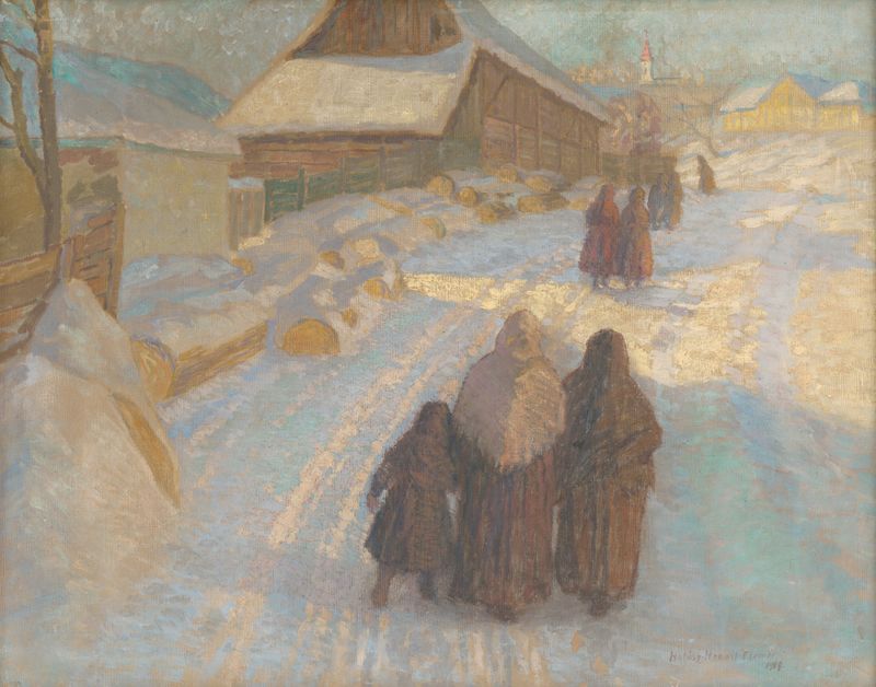 Winter landscape with snow-covered houses, oil painting by Elemír Halász-Hradil
