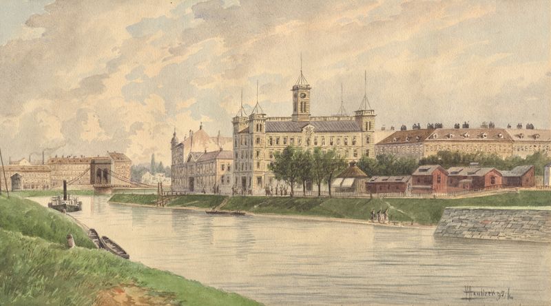 Landscape oil painting by Vincenz Havlicek depicting the Danube and a building.