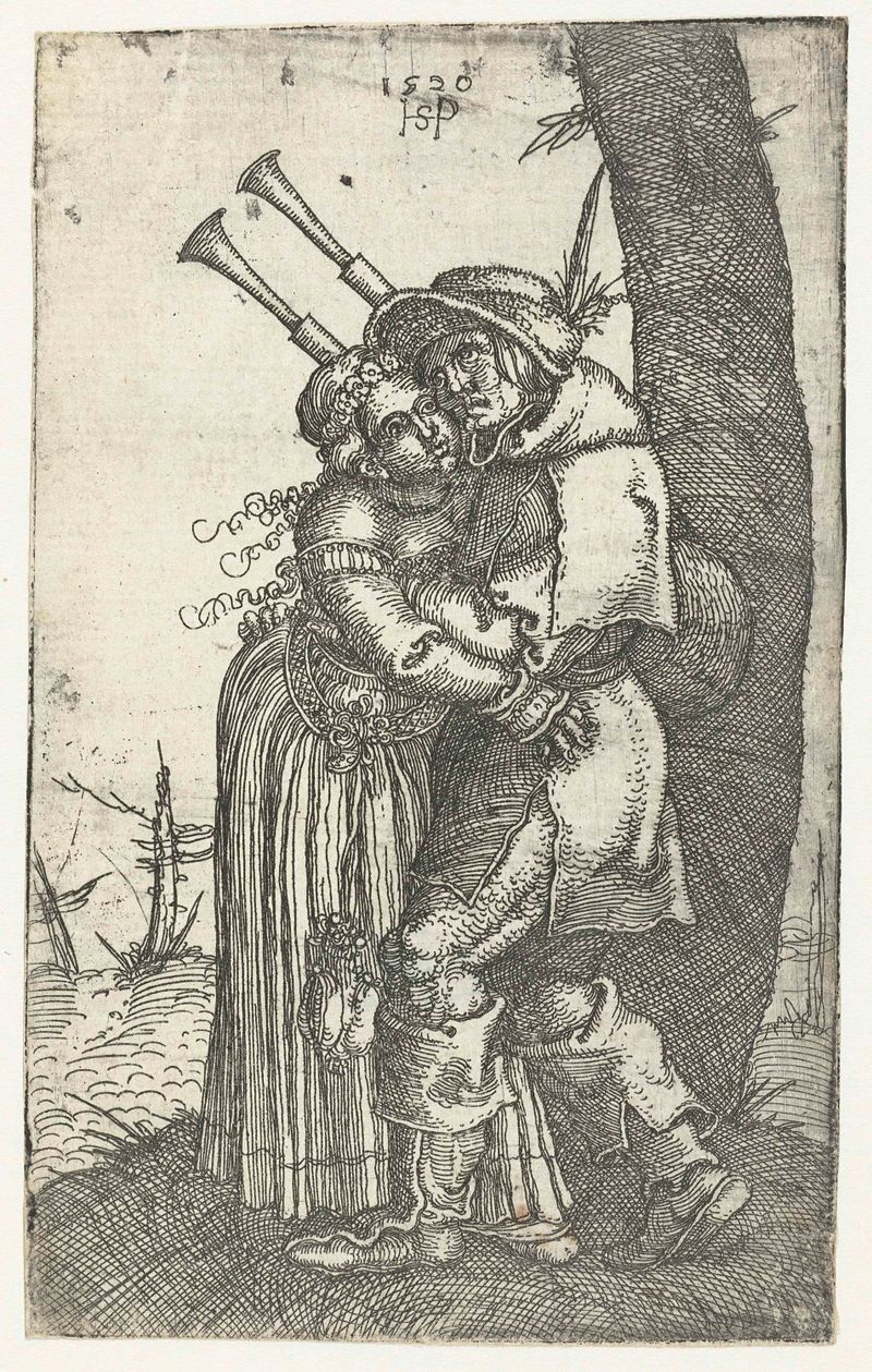Grabado de Hans Sebald Beham de un gaitero sosteniendo a una mujer en sus brazos.