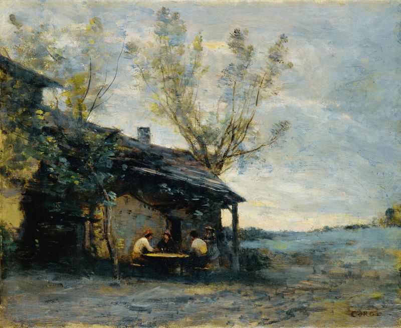Escena de género de una terraza de café con clientes de Jean-Baptiste-Camille Corot, pintura al óleo