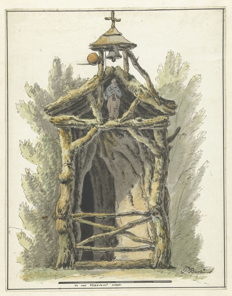 Kluizenaarshut met heiligenbeeld de Pieter Bartholomeusz. Barbiers, óleo sobre panel que muestra una cabaña tranquila en l...