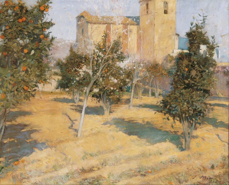 Landscape of an orchard with trees, by Joaquin Mir Trinxet, oil painting