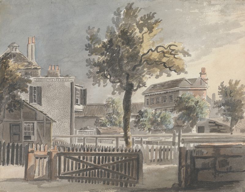 Tree amidst Houses by James Miller, oil on canvas depicting a tree surrounded by houses.