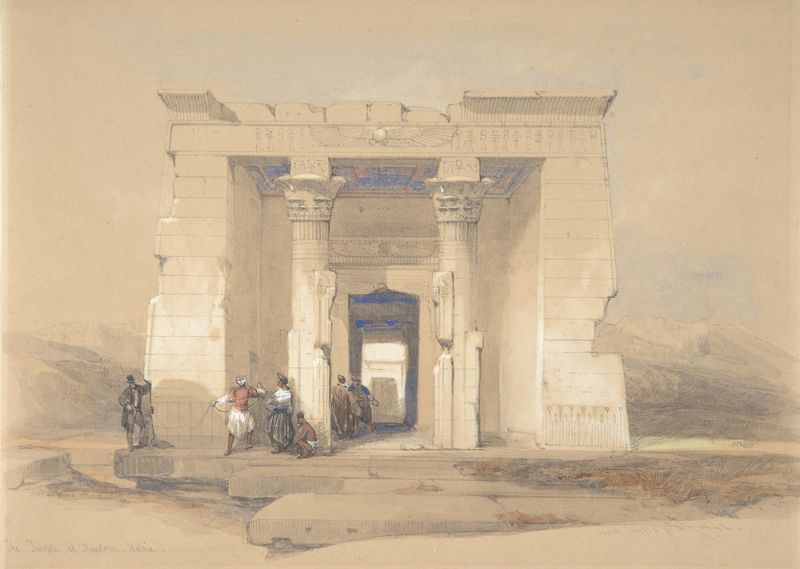 El Templo de Dendur de David Roberts, representando arquitectura antigua con luz solar filtrándose a través de columnas.