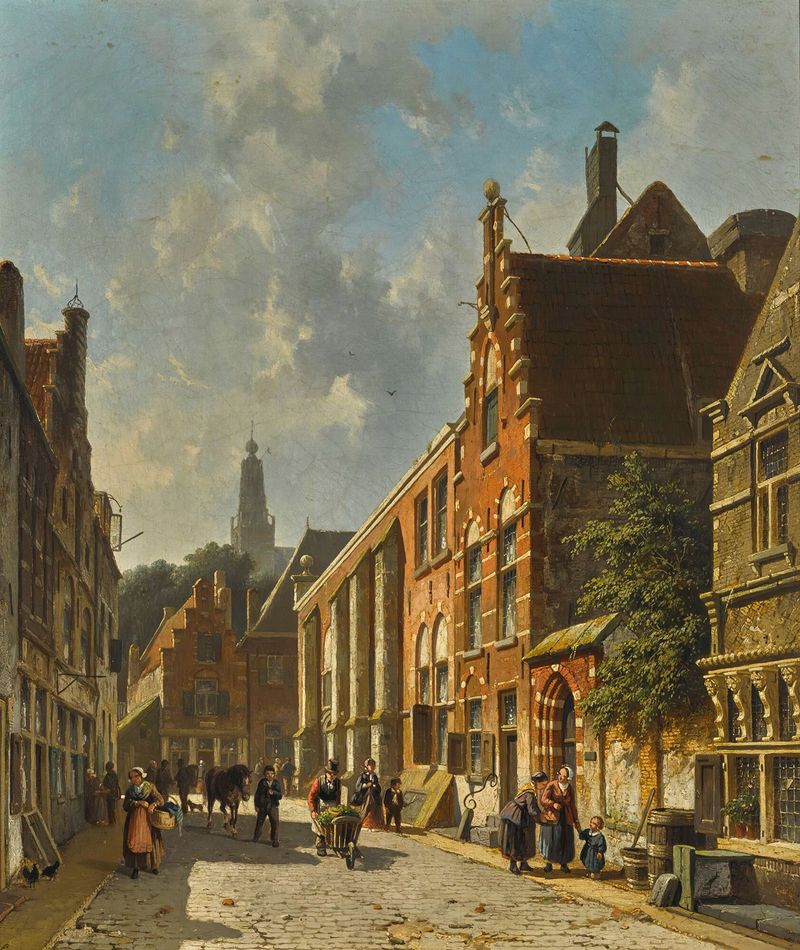Genre scene of a busy summer street by Adrianus Eversen, oil painting