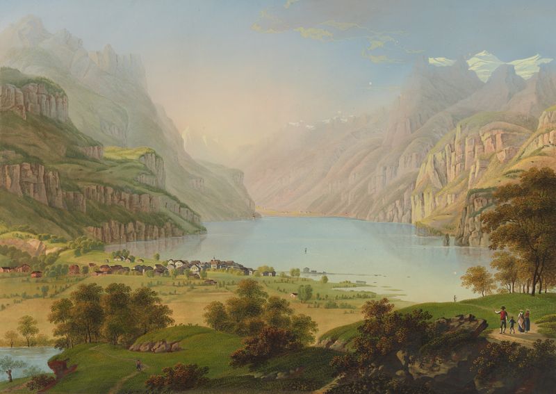 Paisaje con un lago y montañas, pintura al óleo de Johann Heinrich Bleuler