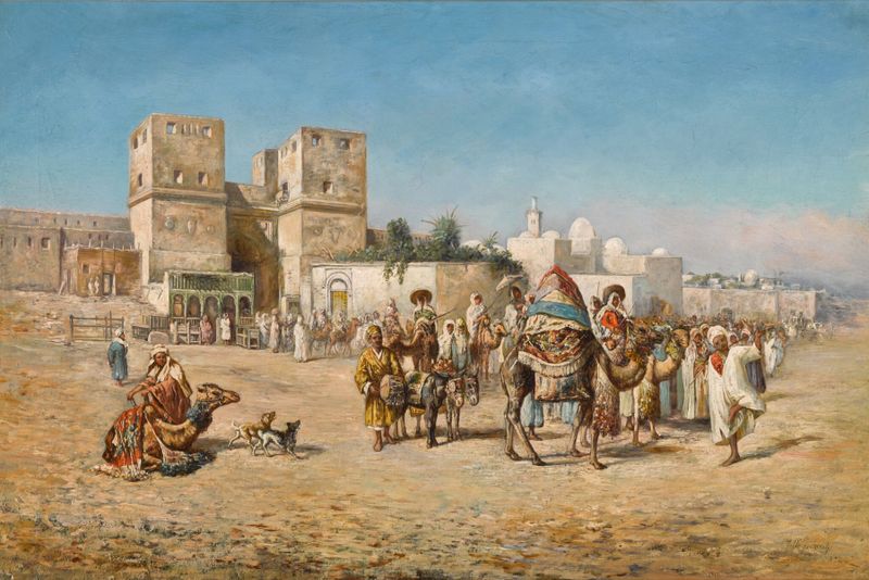 Caravana saliendo de Bab al-Nasr, El Cairo, óleo sobre lienzo de Mariano de Franceschi
