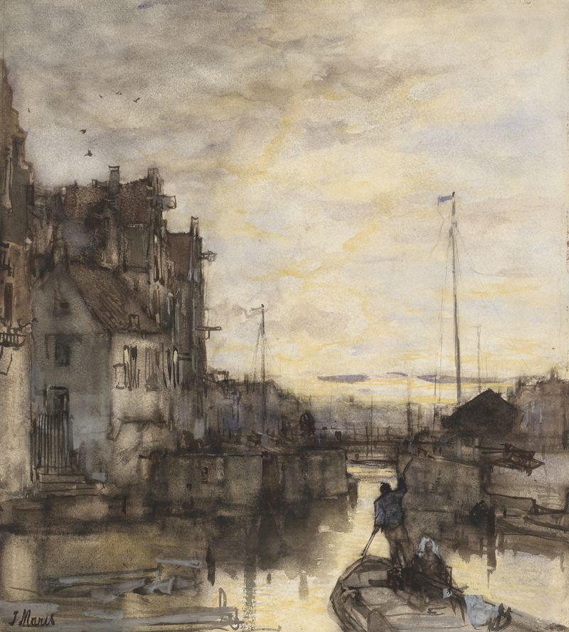 Twilight cityscape with reflections, oil on canvas by Jacob Maris