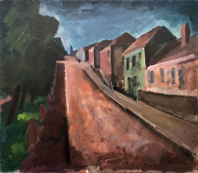 Paisagem expressionista de Otto Geigenberger, apresentando uma rua vazia com vermelhos profundos e cinzas.