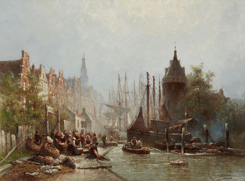 Busy Fisherfolk, oil on canvas by Willem Hendrik Eickelberg depicting fishermen and their families at work.