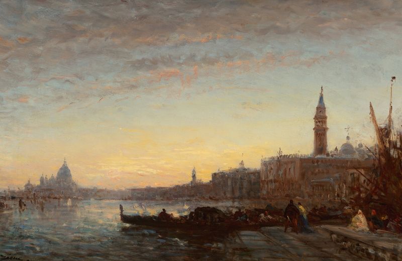 Gondoliers at Esclavons Quay, Venice de Félix Ziem, óleo sobre lienzo que muestra gondoleros en un canal.