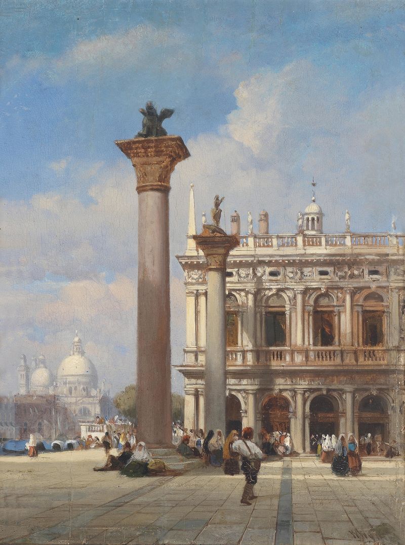 Venezia Piazza San Marco by William Wyld, oil painting depicting Venetian architecture at sunset.