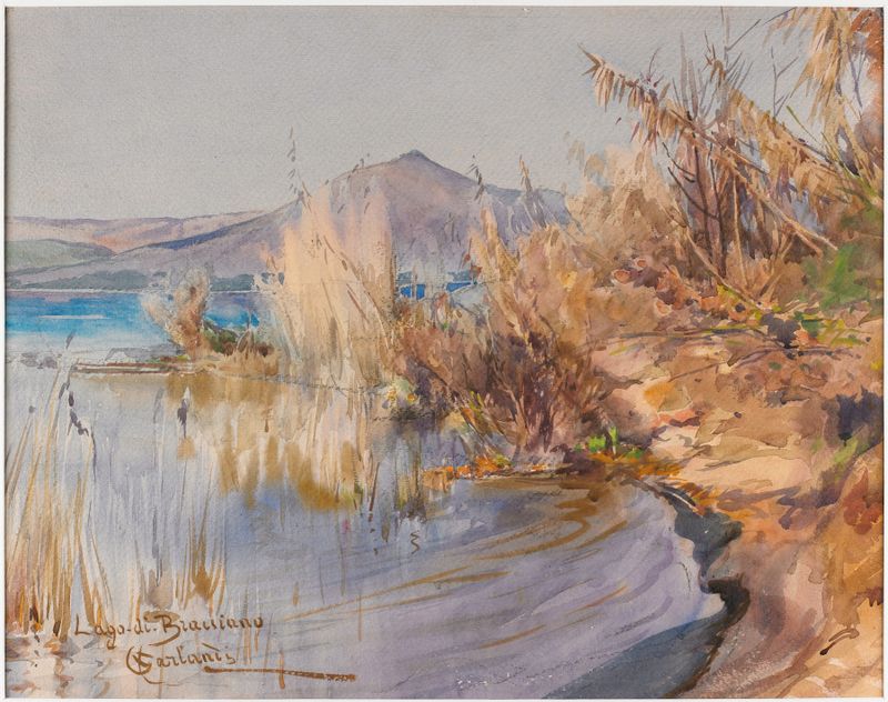 Lago di Bracciano by Onorato Carlandi, oil on canvas depicting a tranquil lake scene.