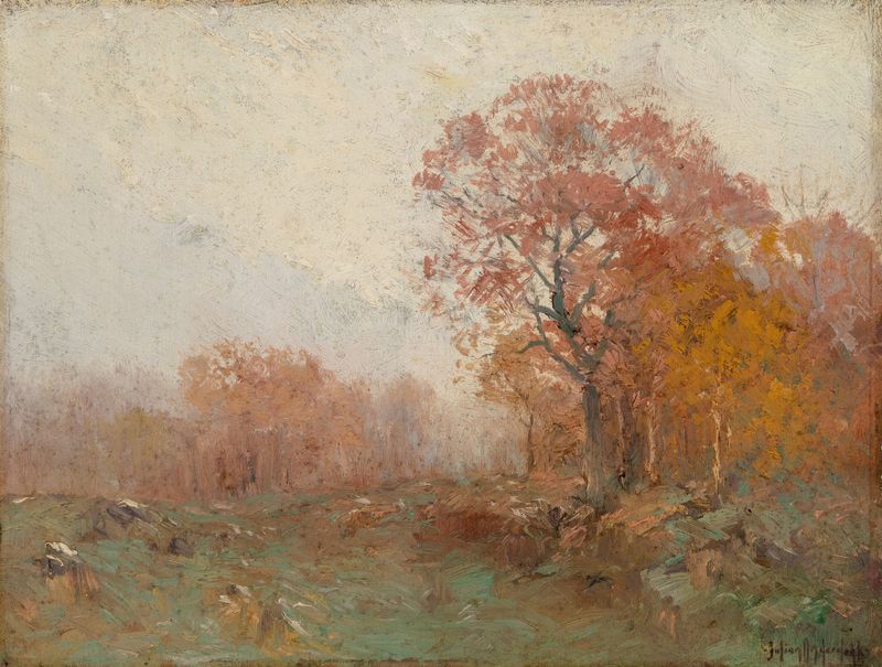A November Morning oil painting by Julian Onderdonk depicting an autumn landscape with soft light.