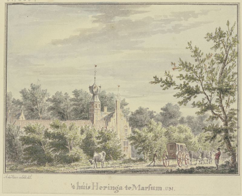 Huis Heringa te Marsum by Abraham de Haen the Younger, oil painting depicting a house and landscape.