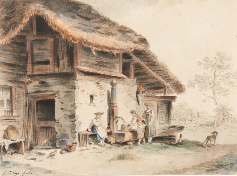 Oil painting by Sigmund Freudenberger featuring a farmhouse in a landscape.