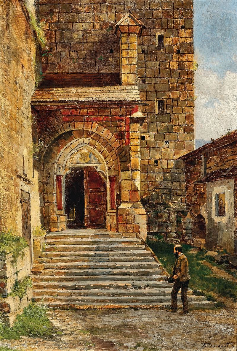Pintura de paisaje al óleo de Hugo Darnaut con montañas y una iglesia.