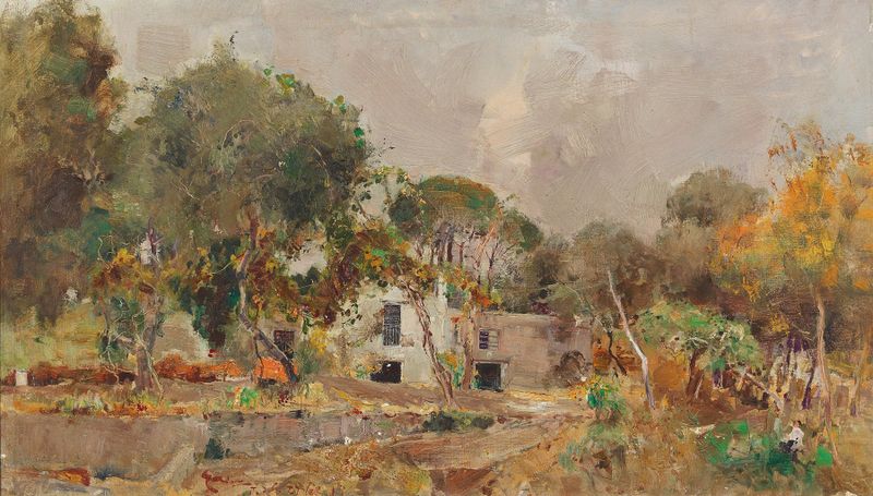Landscape with wildflowers and mountains, oil painting by Giuseppe Casciaro, 1910