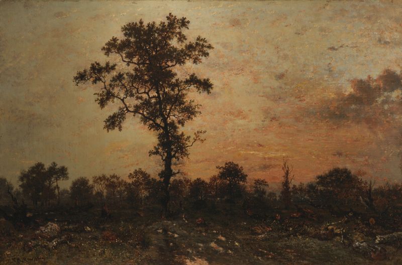Edge of the Forest, Sun Setting by Théodore Rousseau, oil painting depicting sunset over trees.