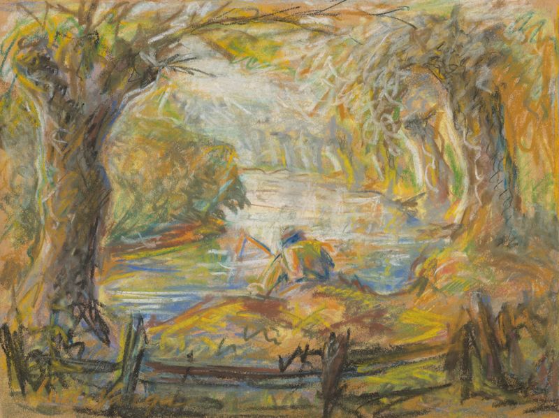 Landscape depicting a tranquil river with reflections, created by Ľudovít Varga.