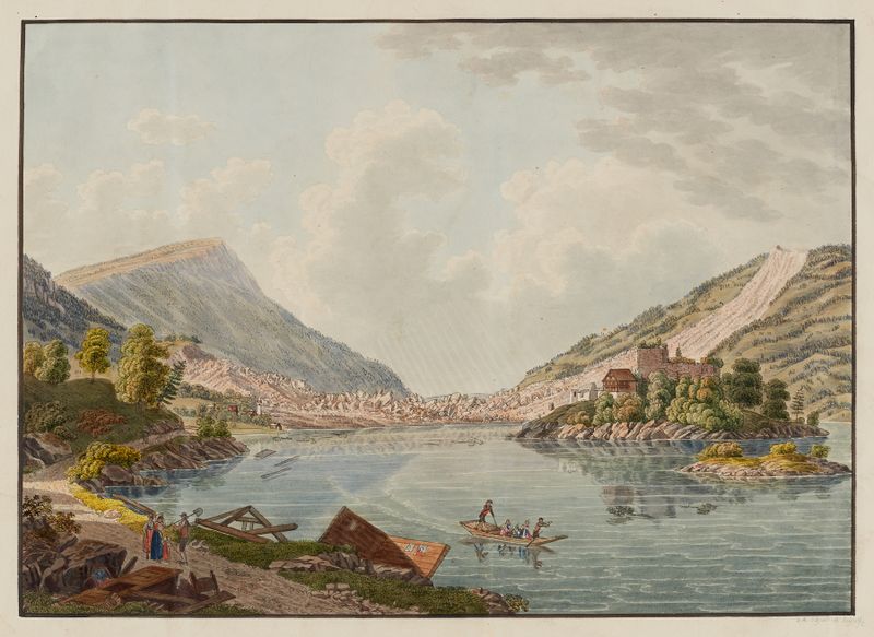 Pintura a óleo de paisagem de David Alois Schmid com um lago sereno e uma ilha.