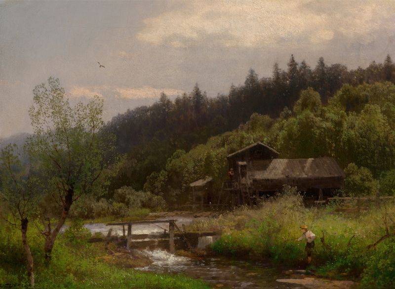 Pintura al óleo realista de Hermann Ottomar Herzog que representa una casa de campo junto a un arroyo