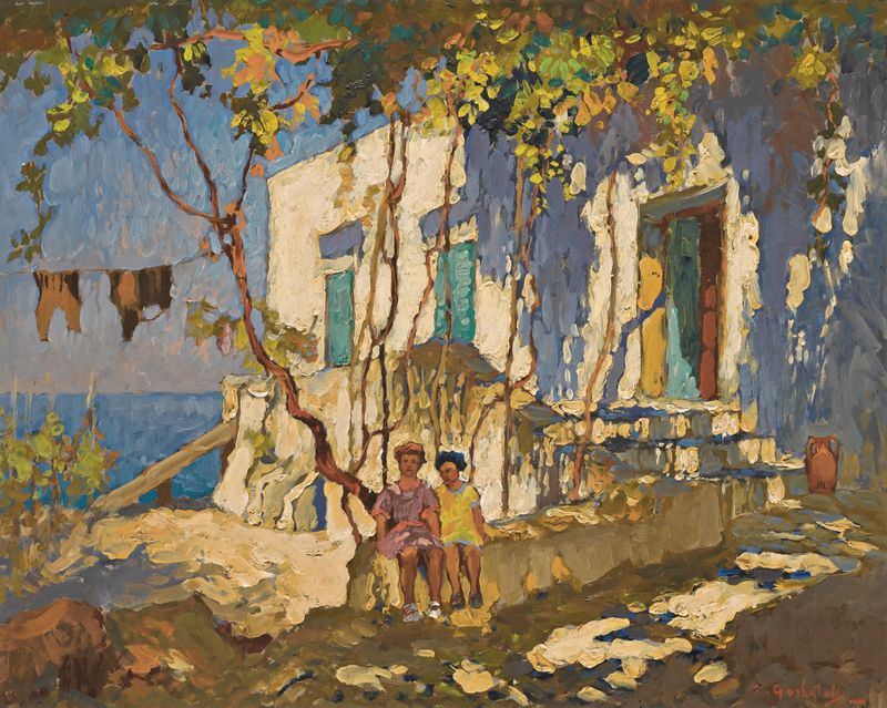 Oil painting by Konstantin Ivanovich Gorbatov depicting a figure resting under trees in Capri.