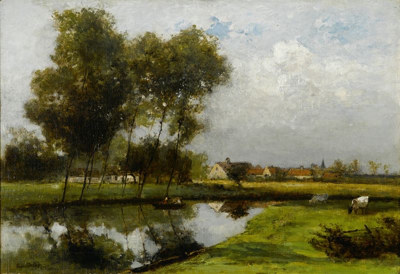 Landscape oil painting by César De Cock depicting tranquil water and reflections.