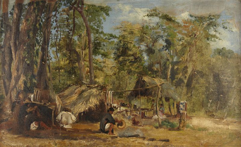 Landscape with camp structures and golden light, oil painting by Conrad Wise Chapman