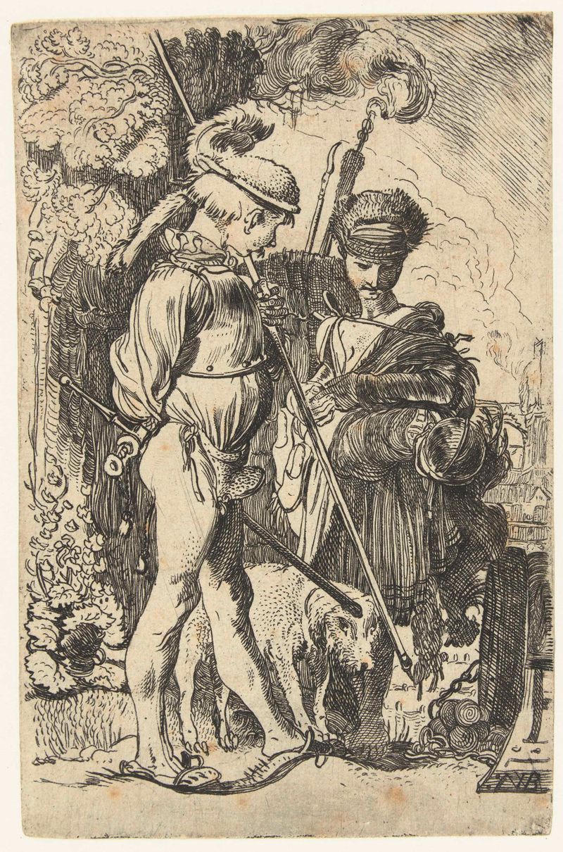 Kanonnier en marketentster, etching by Willem Pietersz Buytewech, depicting a soldier in warm light.