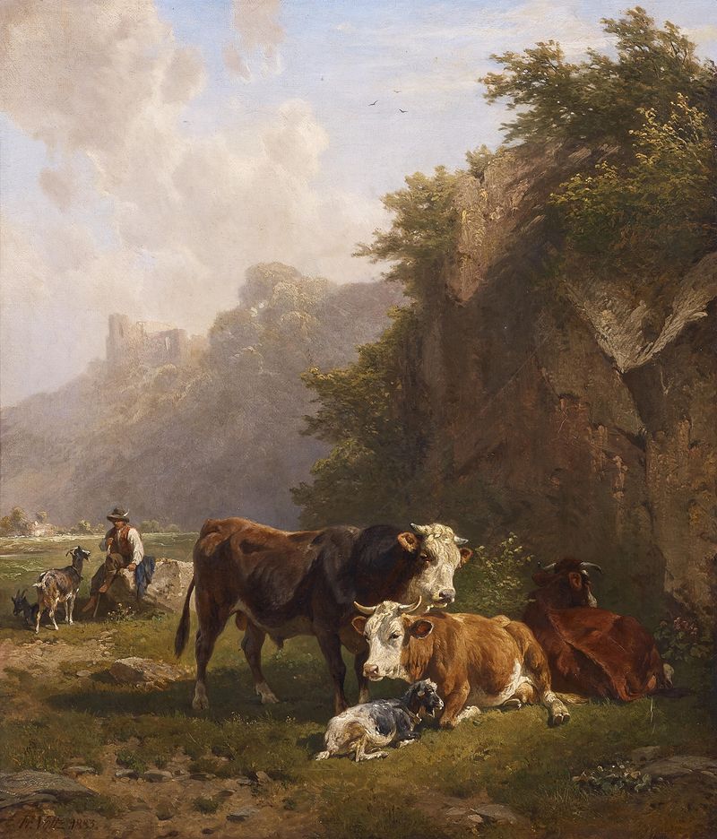 Landschaft mit Hirte und Viehherde de Johann Friedrich Voltz, pintura a óleo de um pastor com seu rebanho.