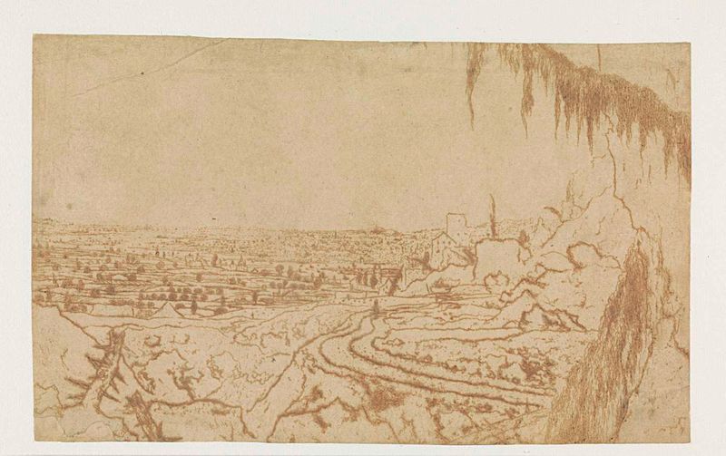 Gravura de Hercules Segers mostrando uma paisagem com uma estrada e ramos cobertos de musgo.