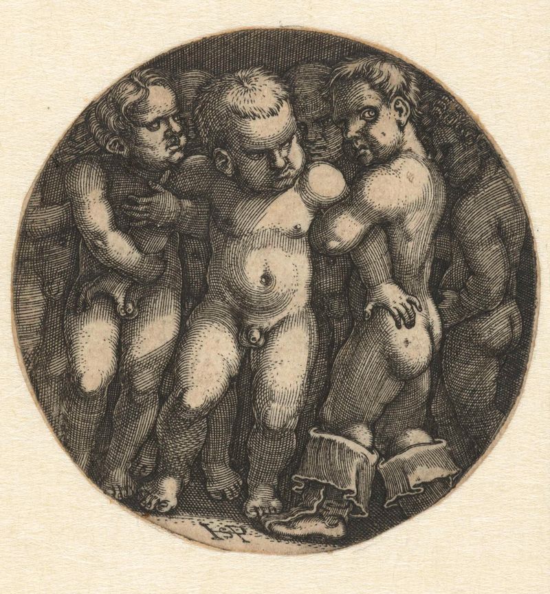 Gravura de Hans Sebald Beham mostrando sete meninos nus em formação harmoniosa.
