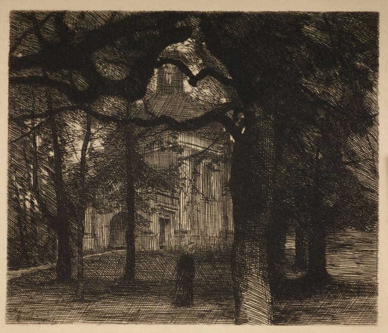 Chapel in the Park de Józef Pankiewicz, óleo sobre lienzo que representa un paisaje sereno con una capilla.