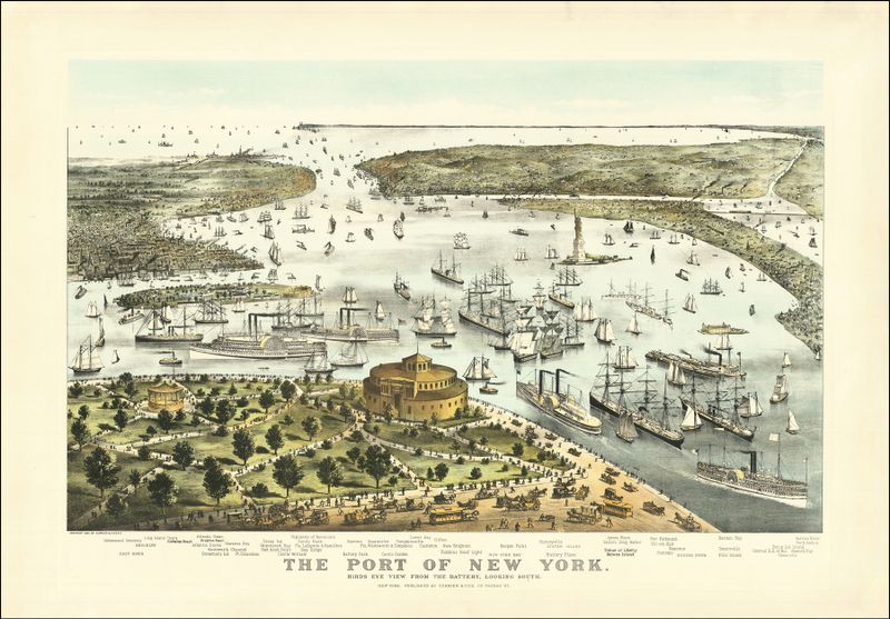 O Porto de Nova Iorque litografia de Currier & Ives, retratando barcos e água.