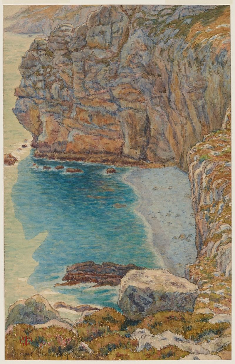 Acuarela de Henri Rivière que muestra acantilados y naturaleza